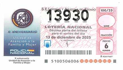 Décimo 13930 del sorteo 100-13/12/2025 Sábado