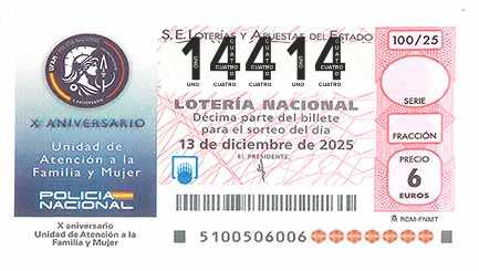Décimo 14414 del sorteo 100-13/12/2025 Sábado