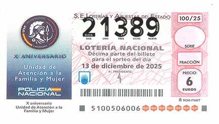 Décimo 21389 del sorteo 100-13/12/2025 Sábado