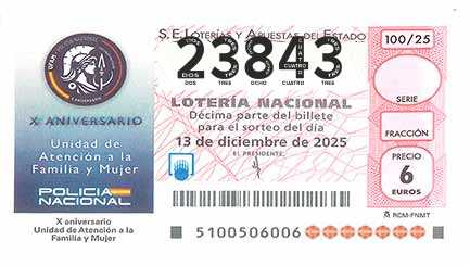 Décimo 23843 del sorteo 100-13/12/2025 Sábado