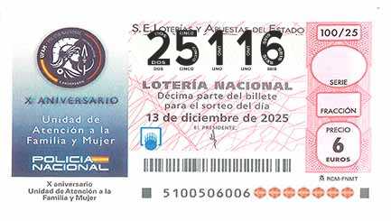 Décimo 25116 del sorteo 100-13/12/2025 Sábado