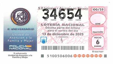Décimo 34654 del sorteo 100-13/12/2025 Sábado