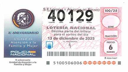 Décimo 40129 del sorteo 100-13/12/2025 Sábado