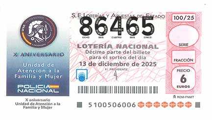 Décimo 86465 del sorteo 100-13/12/2025 Sábado