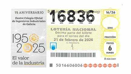 Décimo 16836 del sorteo 16-21/02/2026 Sábado