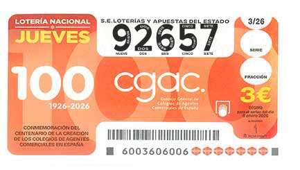 Décimo 92657 del sorteo 3-08/01/2026 Jueves