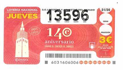 Décimo 13596 del sorteo 31-16/04/2026 Jueves