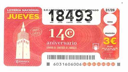 Décimo 18493 del sorteo 31-16/04/2026 Jueves