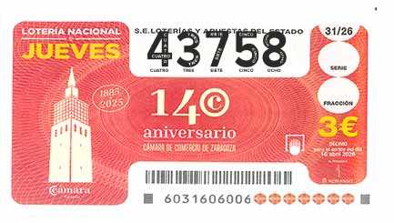 Décimo 43758 del sorteo 31-16/04/2026 Jueves