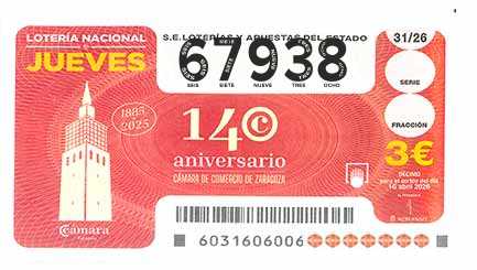 Décimo 67938 del sorteo 31-16/04/2026 Jueves