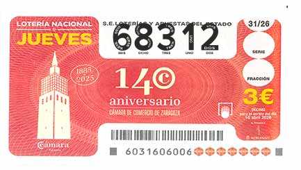 Décimo 68312 del sorteo 31-16/04/2026 Jueves