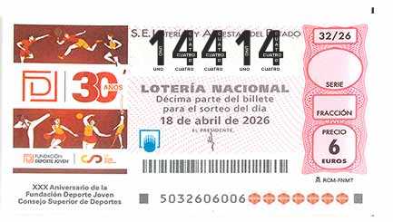 Décimo 14414 del sorteo 32-18/04/2026 Sábado