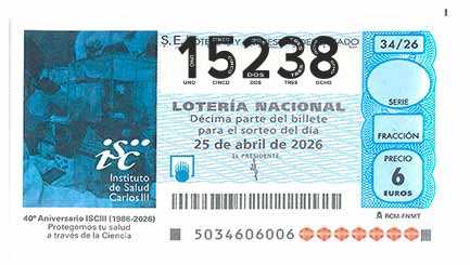 Décimo 15238 del sorteo 34-25/04/2026 Sábado