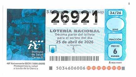 Décimo 26921 del sorteo 34-25/04/2026 Sábado