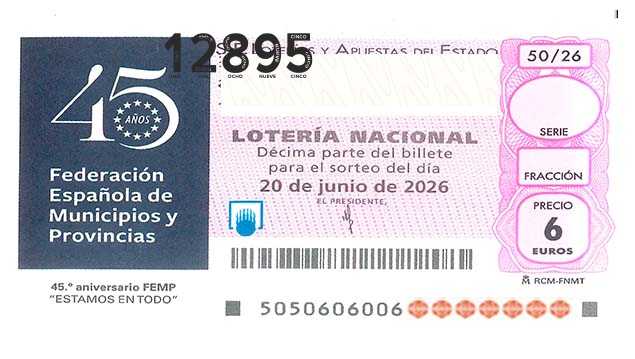 Décimo 12895 del sorteo 50-20/06/2026 Sábado