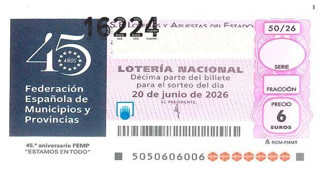 Décimo 16224 del sorteo 50-20/06/2026 Sábado