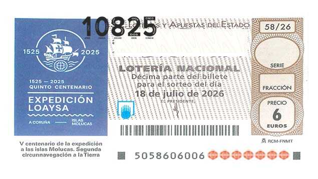 Décimo 10825 del sorteo 58-18/07/2026 Sábado