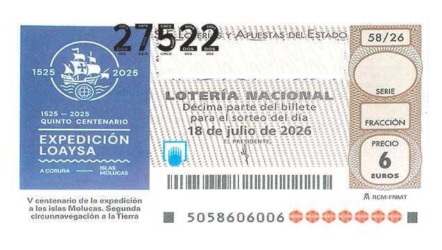 Décimo 27522 del sorteo 58-18/07/2026 Sábado