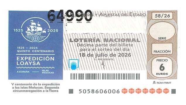 Décimo 64990 del sorteo 58-18/07/2026 Sábado