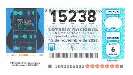 Décimo 15238 del sorteo 92-15/11/2025 Sábado