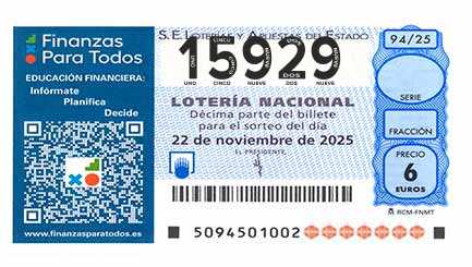 Décimo 15929 del sorteo 94-22/11/2025 Sábado