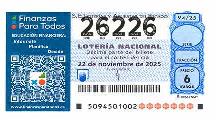 Décimo 26226 del sorteo 94-22/11/2025 Sábado