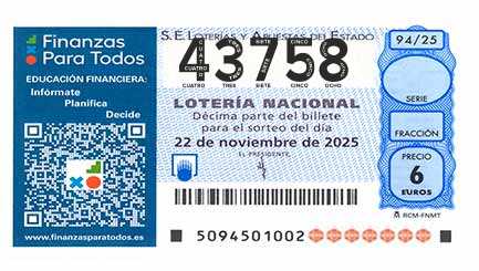 Décimo 43758 del sorteo 94-22/11/2025 Sábado